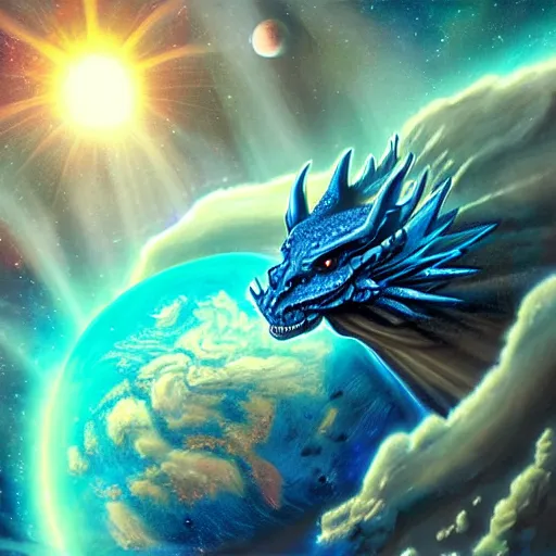 Prompt: Gigantic blue scaled dragon devouring an earth like planet while flying in space, sun system, nebula, digital art by Carles Dalmau