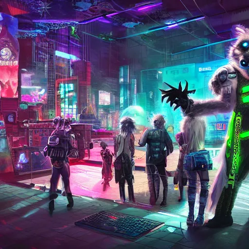 Image similar to high - resolution photograph from a cyberpunk era furry fandom convention ( midwest furfest 2 0 4 7 ), taking place after the genetic revolution and quantum singularity. photorealistic.