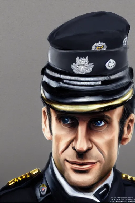 Image similar to emmanuel macron wearing a police officer uniform, highly detailed, digital art, sharp focus, trending on art station