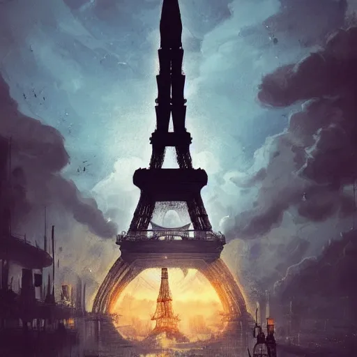 Image similar to a steampunk eiffel tower in heaven, steampunk dirty world, by wlop, greg rutkowski and beeple