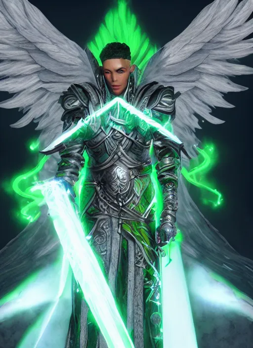 Image similar to An epic fantastic realism comic book style portrait painting of a male hexblade warlock aasimar with angel wings, green energy emanating from body, silver hair, Apex Legends Concept Art, unreal 5, DAZ, hyperrealistic, octane render, cosplay, RPG portrait, dynamic lighting