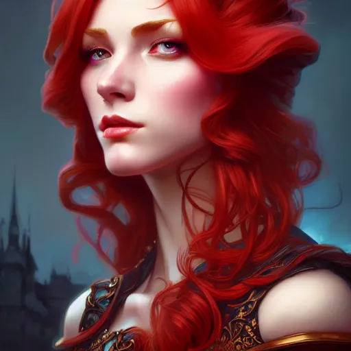 Image similar to aristocrat, female, d & d, fantasy, intricate, elegant, highly detailed, red hair, digital painting, artstation, octane render, concept art, matte, sharp focus, illustration, hearthstone, art by artgerm, alphonse mucha johannes voss