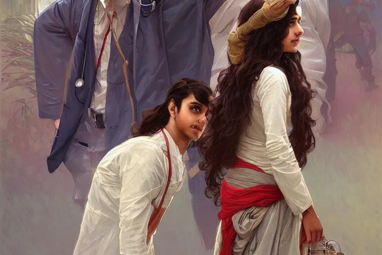 Image similar to Anxious good looking pale young Indian doctors wearing American clothes outside a hospital, portrait, elegant, intricate, digital painting, artstation, concept art, smooth, sharp focus, illustration, art by artgerm and greg rutkowski and alphonse mucha