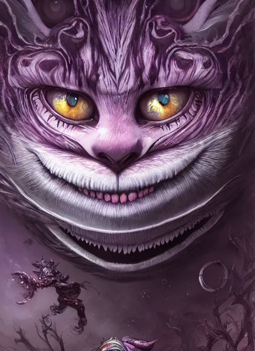 Image similar to cheshire cat, highly detailed, cinematic, 8 k, by megan duncanson, benjamin lacombe, stanley artgermm, tom bagshaw, craig mullins, carne griffiths, ayami kojima, beksinski, giger, trending on deviantart, hyper detailed, horror, full of colour