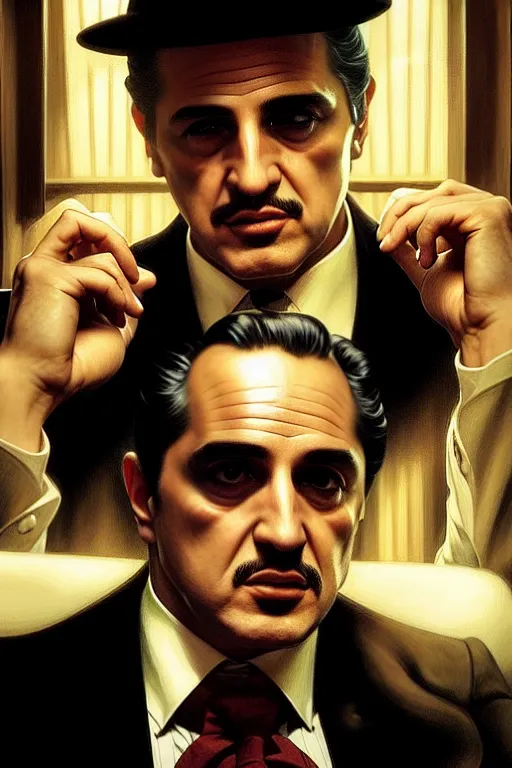 Image similar to clear portrait of the godfather from the movie, cottagecore!!, mafia background hyper detailed, character concept, full body, dynamic pose, intricate, criminal appearance, highly detailed, digital painting, artstation, concept art, smooth, sharp focus, illustration, art by artgerm and greg rutkowski and alphonse mucha