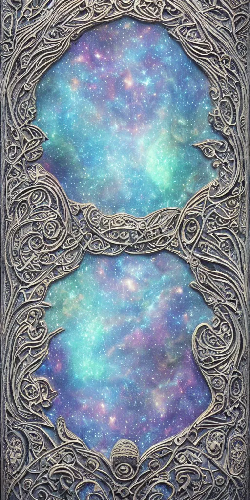 Prompt: intricate colourfully painted carved Soapstone relief paneling, white and pale blue , celestial, cosmos, galaxies, planets, divinity, moon goddess, mother earth, Earth Goddess mythology, Gaia, angels, dream atmosphere, Ghostly, crystaline celtic, insanly detailed , artstation, wallpaper, hyper realistic, realistic lighting