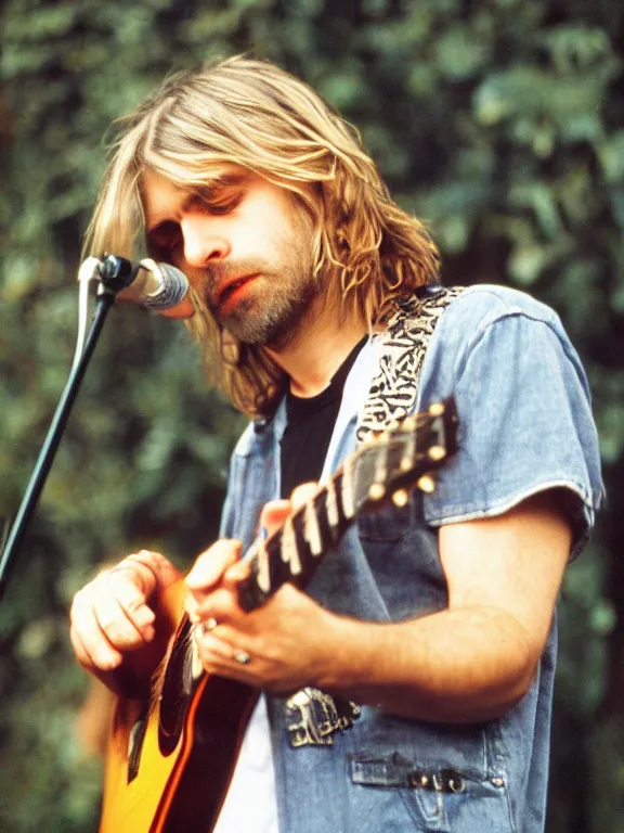 Prompt: 4K HD, high detail photograph, shot with Sigma f/ 4.2 , 250 mm sharp lens, overlap perspective, shallow depth of field : (subject= Kurt Cobain + subject detail= guitar, accurate body features, consistent, high detailed light refraction , high level texture render)