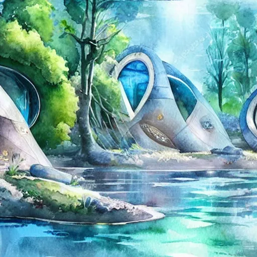 Image similar to beautiful happy picturesque charming sci - fi organic pod - like homes of the future in a beautiful natural scene. water, trees and rocks. beautiful light. soft colour scheme. beautiful artistic detailed watercolor by lurid. ( 2 0 2 2 )