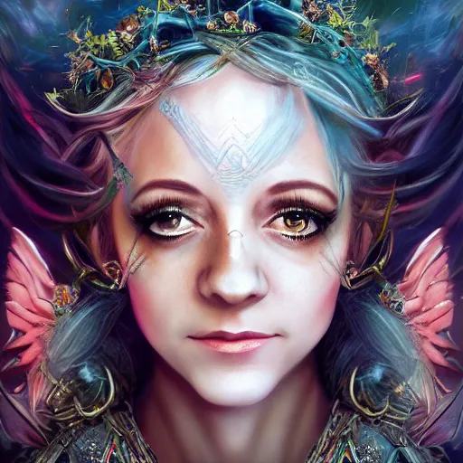 Image similar to portrait of lindsey stirling as a beautiful goddess, epic fantasy art, detailed face, goddess, mystical, mystic atmosphere, trending on artstation, deviantart, digital art, high detail, high definiton, ultra realistic, high quality, hyper realistic, 4 k uhd,