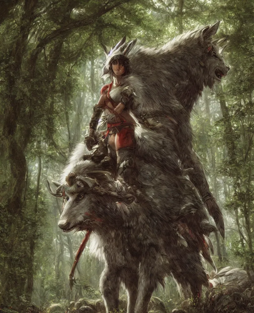 Image similar to portrait of fierce Princess Mononoke, fully clothed in armor, lush forest landscape, painted by james gurney, denoised, sharp, architectural