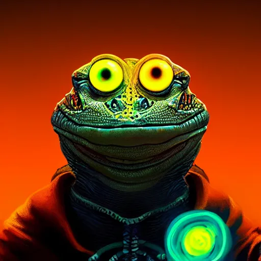 Prompt: close up portrait of a young lizard as a wizard with an epic idea, pixar style, stylized face, intricate detail, digital painting, glowing orange eyes, neon colors, cyberpunk, particles floating, industrial background by wlop, artwork by ross tran and ramond swanland and liam wong and mike winklemann, trending on artstation