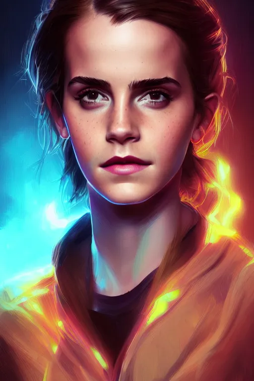 Prompt: portrait of emma watson a scaly skin and biotechnical parts and neon light by Artgerm and Greg Rutkowski , digital painting, highly detailed, trending on artstation