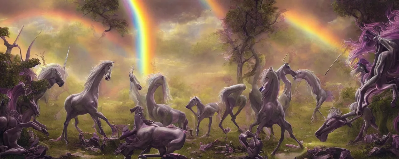 Image similar to a beautiful detailed mate painting of unicorns dancing under a rainbow on a graveyard'by wayne barlowe, existential horror, trending on cgsociety artstation, highly detailed, 8 k, masterpiece, super resolution.