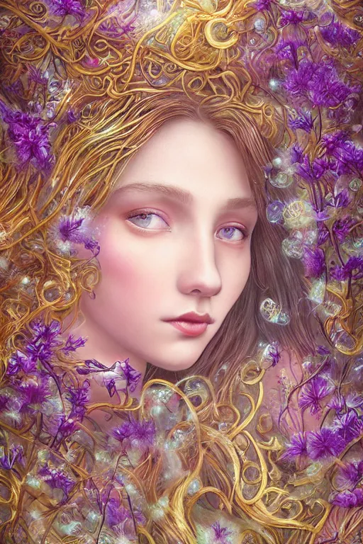 Image similar to elaborately detailed close up realistic portrait of an extremely beautiful girl with very long dark hair surrounded by flowers, an eerie mist and many ethereal rainbow bubbles, Aetherpunk, iridiscent geometry, high fantasy professionally painted digital art painting, fantasy matte painting movie poster, Art Nouveau, smooth, sharp focus, atmospheric lighting, highly detailed illustration highlights, backlight, golden ratio, 8K detail post-processing, symmetrical facial features, rich deep moody colors, majestic, dark epic fantasy, award winning picture, sense of awe, featured on DeviantArt, trending on cgsociety