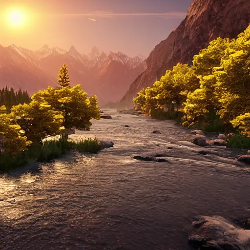 Prompt: natural scenery with sun, mountains, rivers, trees and flowers, photorealistic, ultra - detailed, 4 k high resolution, hdr shot, unreal engine rendering 4 k