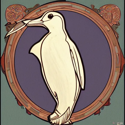 Prompt: wood penguin in the style of alphonse mucha