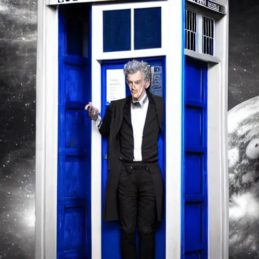 Prompt: award winning photography of peter capaldi portraing Doctor Who, sitting on the door step of the TARDIS with the door open while he looks at planet earth from space