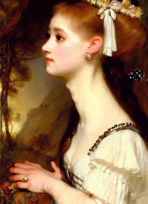 Prompt: closeup face profile portrait of a gothic princess in white baroque dress. by henriette ronner - knip, by william henry hunt, by rembrandt, by joseph mallord william turner, by konstantin razumov, concept art,