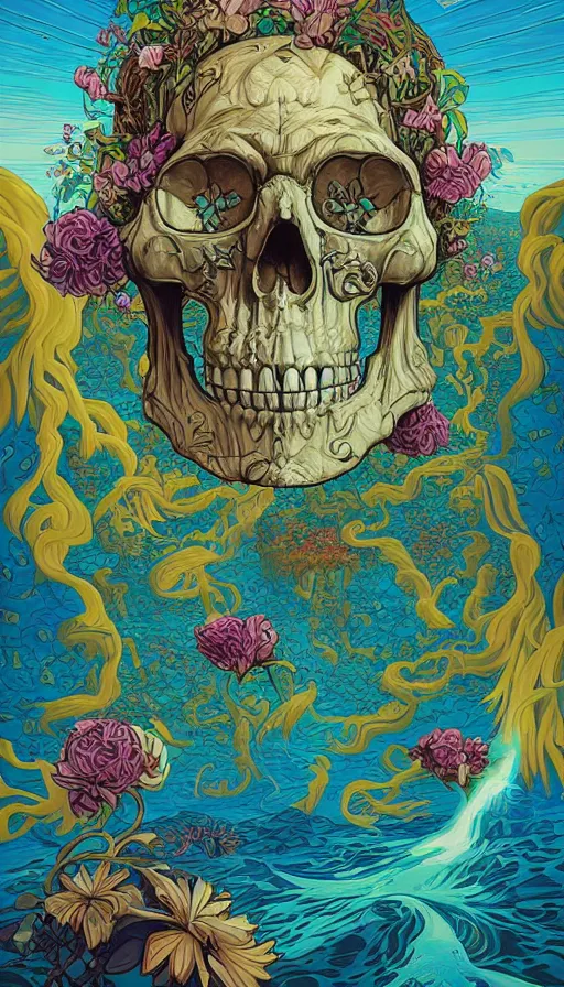 Image similar to The luminous island of the forgotten floral skull gods, italian futurism, da vinci, Dan Mumford, Josan Gonzalez