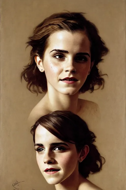 Image similar to emma watson smiling looking up detailed portrait painting by gaston bussiere craig mullins j. c. leyendecker photograph by richard avedon peter lindbergh