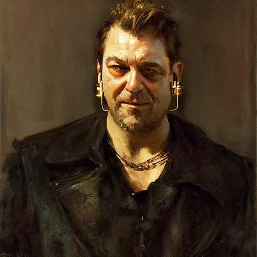 Image similar to portrait of a cyberpunk john goodman with earring and gold necklace, by jeremy mann, anders zorn.