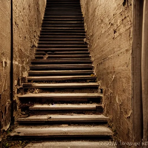 Prompt: dslr photo of macabre and abysmal stairs leading into a basement, high resolution, f 2. 8, iso 4 0 0,, 4 k, photorealistic, cinematic, masterpiece,