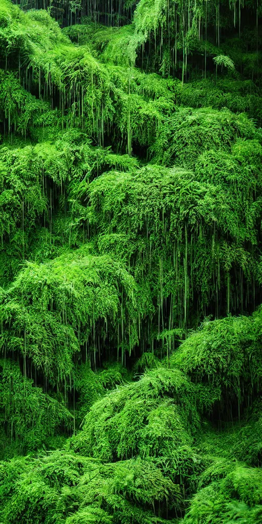 Image similar to a hyper realistic photograph fertile, lush mossy canyon, ferns, minimalist structure, misty, raining, in the style of reuben wu, roger deakins