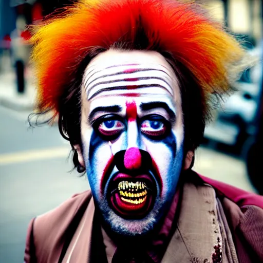 Image similar to uhd candid photo of dirty, homeless nicholas cage wearing bizarre clown makeup, ranting maniacally in the street. skid row. correct face, accurate face, exaggerated features, intricate details, intricate clown makeup, hyperdetailed, accurate face. photorealistic. photo by annie leibowitz