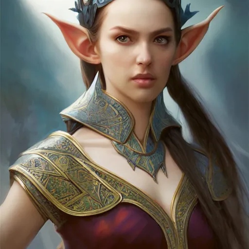 Prompt: Beautiful high elf queen, 4k oil on linen by wlop, artgerm, andrei riabovitchev, nuri iyem, james gurney, james jean, greg rutkowski, highly detailed, soft lighting 8k resolution