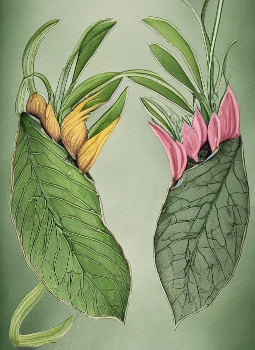 Image similar to fantasy scientific botanical illustration of two plants cozily in love with each other