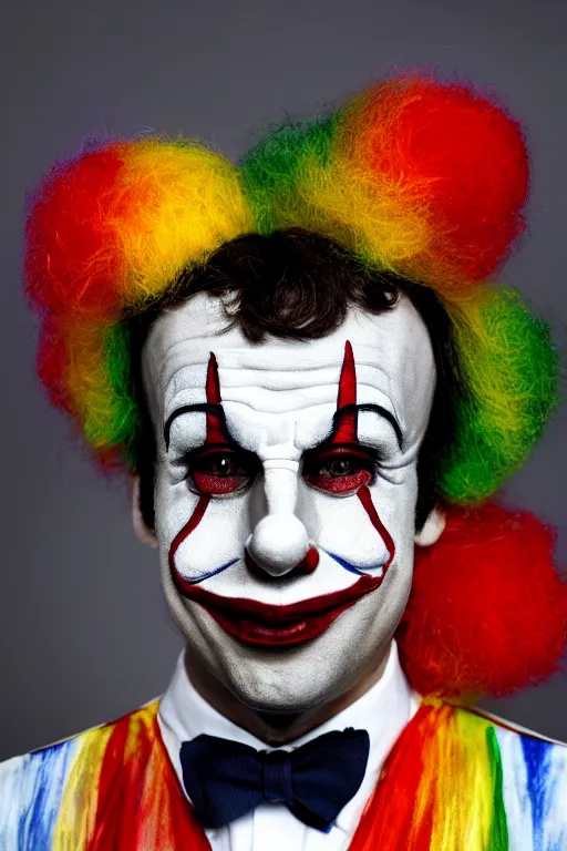 Image similar to portrait of macron as a clown, symmetrical, nikon 3 5 mm photography, ultrarealistic