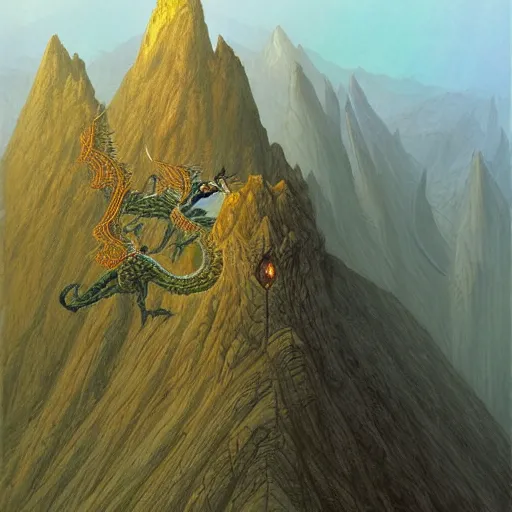 Image similar to dragons circling a tall mountain spire, by john howe
