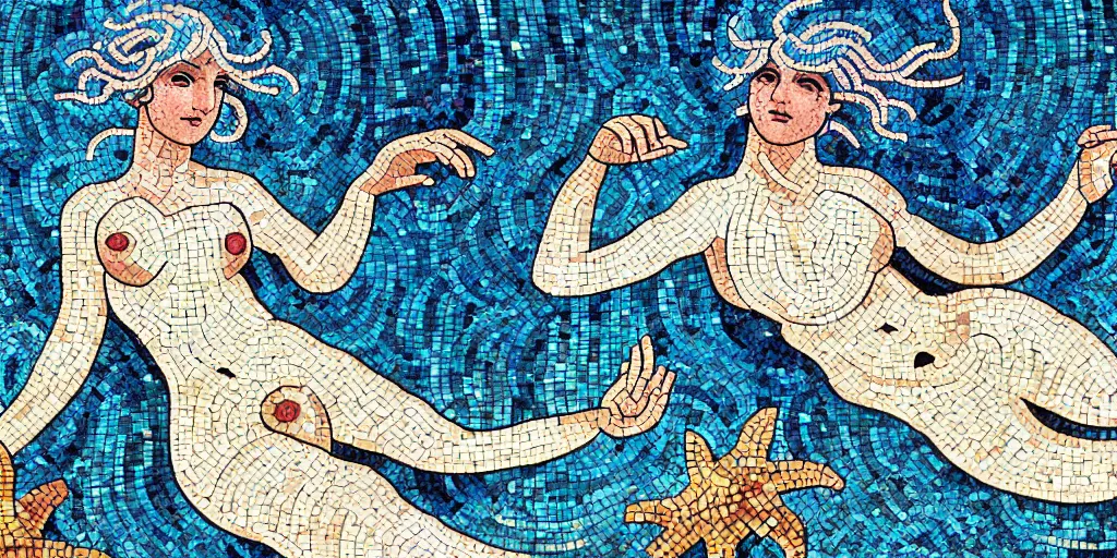 Image similar to ancient roman mosaic of bluehair mermaid with a shell bikini on sea floor, illustration by moebius, victo ngai, clean thick line, mosaic style