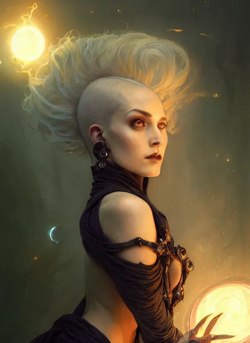 Image similar to a beautiful cinematic female Necromancer Sorceress, galatic shamen with Quantum energy fantasy, fantasy magic, short fade hair, undercut hairstyle, dark light night, intricate, elegant, sharp focus, illustration, highly detailed, digital painting, concept art, matte, art by WLOP and Artgerm and Greg Rutkowski and Alphonse Mucha, masterpiece