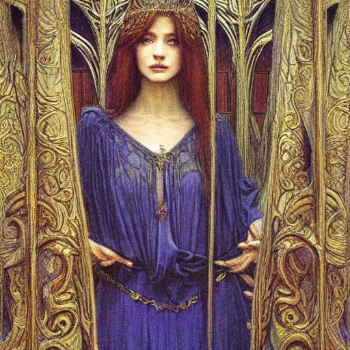 Image similar to detailed realistic portrait of a beautiful young medieval queen by jean delville, art nouveau, symbolist, visionary, gothic