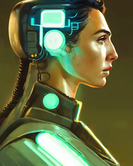 Image similar to detailed side profile portrait Gal Gadot, cyberpunk futuristic neon, reflective puffy coat, decorated with traditional Japanese ornaments by Ismail inceoglu dragan bibin hans thoma greg rutkowski Alexandros Pyromallis Nekro Rene Maritte Illustrated, Perfect face, fine details, realistic shaded, fine-face, pretty face