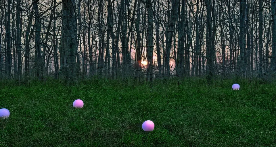 Image similar to softly glowing orbs of soft pastel light floating above the forest floor at twilight, illuminating the surrounding scenery