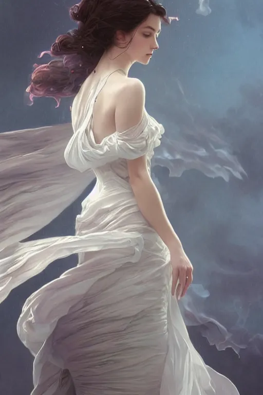 Image similar to woman dressed in a vaporous wrapped large victorian white roses silk semi-transparent dress fashion is running D&D, fantasy, intricate, elegant, highly detailed, digital painting, artstation, concept art, matte, sharp focus, illustration, art by Artgerm and Greg Rutkowski and Alphonse Mucha