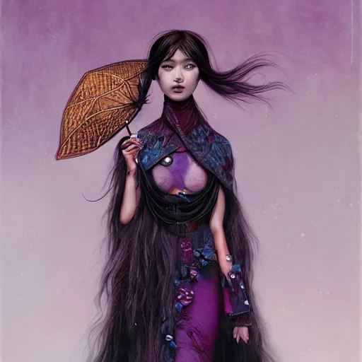 Image similar to photorealistic soft paint of absurdities and curiosities, very beautiful dollpunk asian princess full long dress, ultra deep fog, purple black lustrous thin haircut, partial symmetry accurate features, focus, very intricate ultrafine details, award winning masterpiece, tom bagshaw ross tran