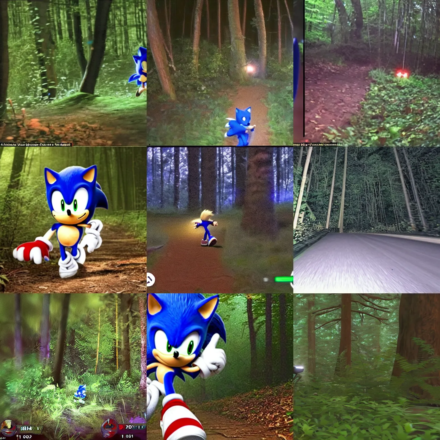 Prompt: sonic the hedgehog spotted in a forest at night, low-fidelity security camera footage