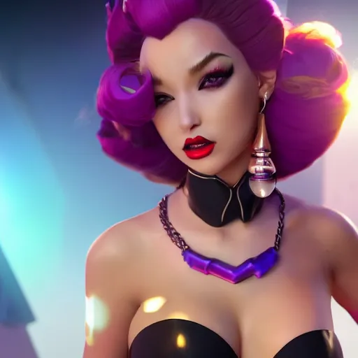 Image similar to still of pretty LeBlanc (League of Legends) in KDA music video. 3d render, octane render, game art, realistic, highly detailed, trending on artstation, 4k, trending on artstation, pixar, cgsociety, unreal engine 5, redshift render, trending on artstation, blender, behance, cg