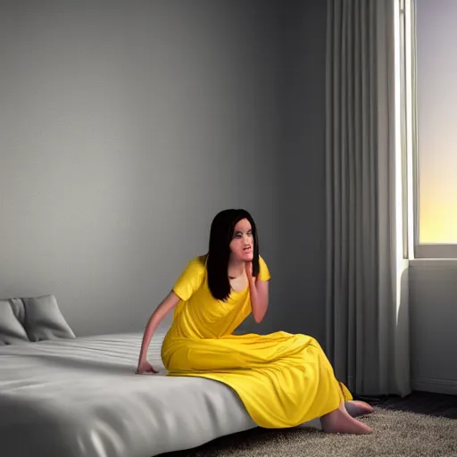 Image similar to A girl with dark hair in a yellow nightgown sits on a bed in a room with light gray walls, sunset light, by edward hopper. cinematic, hyper realism, high detail, octane render, 8k, iridescent accents