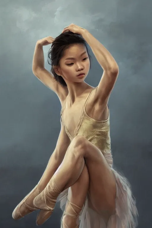 Image similar to stunningly beautiful, filipina prima ballerina in ruins, symmetrical face, golden hour, smooth, focus, highly detailed, hyper realistic, dramatic lighting, elegant, intricate, concept art, art by wlop, mars ravelo, greg rutowski, artstation