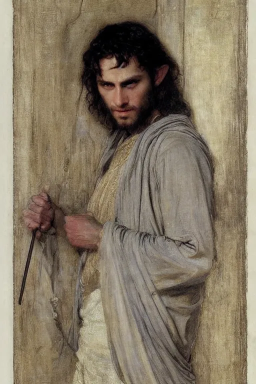 Image similar to attractive male, the lord of the rings, orientalist intricate portrait by john william waterhouse and edwin longsden long and theodore ralli and nasreddine dinet, hyper realism, dramatic lighting