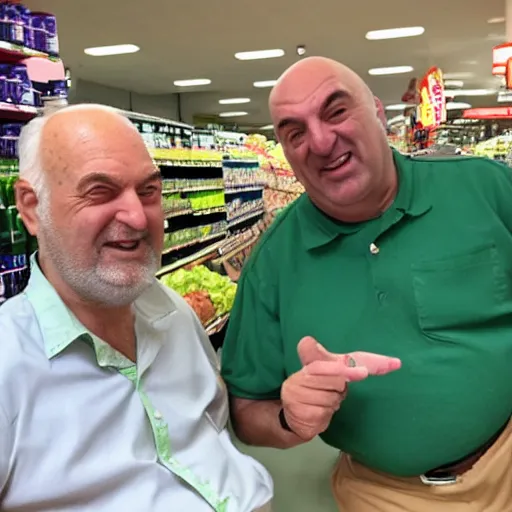 Prompt: mid white hair old man with green shirt and white short, sitting in simpson supermarket with kevin o'leary