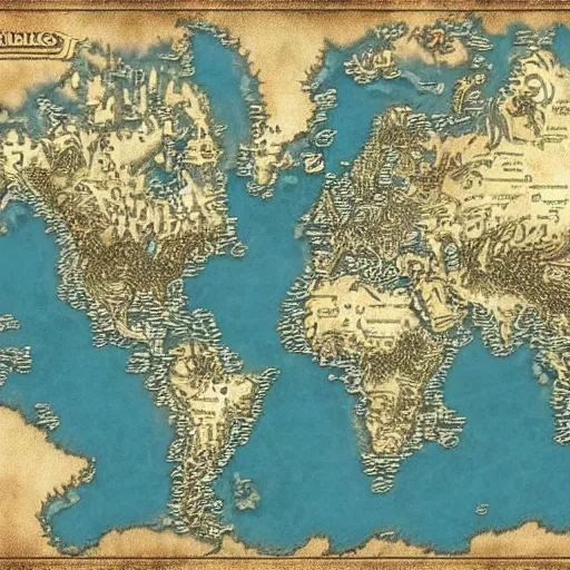 Image similar to fantasy map of another world, highly detailed, many continents, oceans.