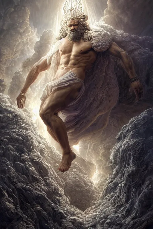 Image similar to hyperrealistic mixed media painting of zeus, full body, stunning 3 d render inspired art by p. craig russell and barry windsor - smith dim volumetric lighting, 8 k octane beautifully detailed render, post - processing, intricate, epic composition, grim yet sparkling atmosphere, cinematic lighting