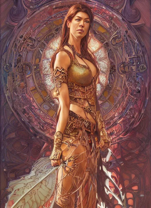 Prompt: Adrianne Palicki as a beautiful warrior woman, fantasy, intricate, elegant, highly detailed, centered, digital painting, artstation, concept art, smooth, sharp focus, illustration, art by artgerm and donato giancola and alphonse mucha