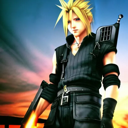 Image similar to Cloud Strife (1997) from Final Fantasy 7, GTA Cover Art, 4k 1080p,