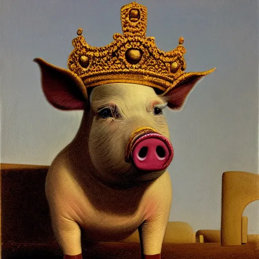 Image similar to a painting of pig wearing a gold crown, by Grant Wood